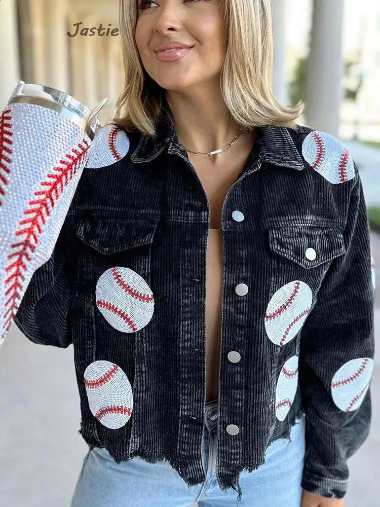 Distressed Corduroy Jacket Womens Baseball Sequin Lapel Long Sleeve Autumn And Winter Jacket Tops For Outerwear 240723