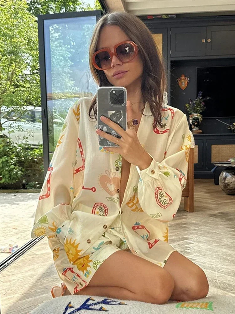 Causal Loose Lapel Buttons Long Sleeved Shirt Set Fashion Prined Elastic Waist Pockes Shorts Pants Suit Lady Vacation Outfit 240723