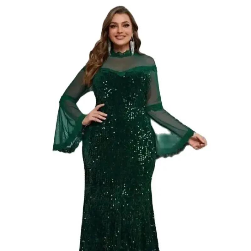 Sequined Plus Size Evening Dresses With Long Sleeves Velevet Mermaid Prom Gowns Sheer High Necke Or Length Special Ocn Dress 0219
