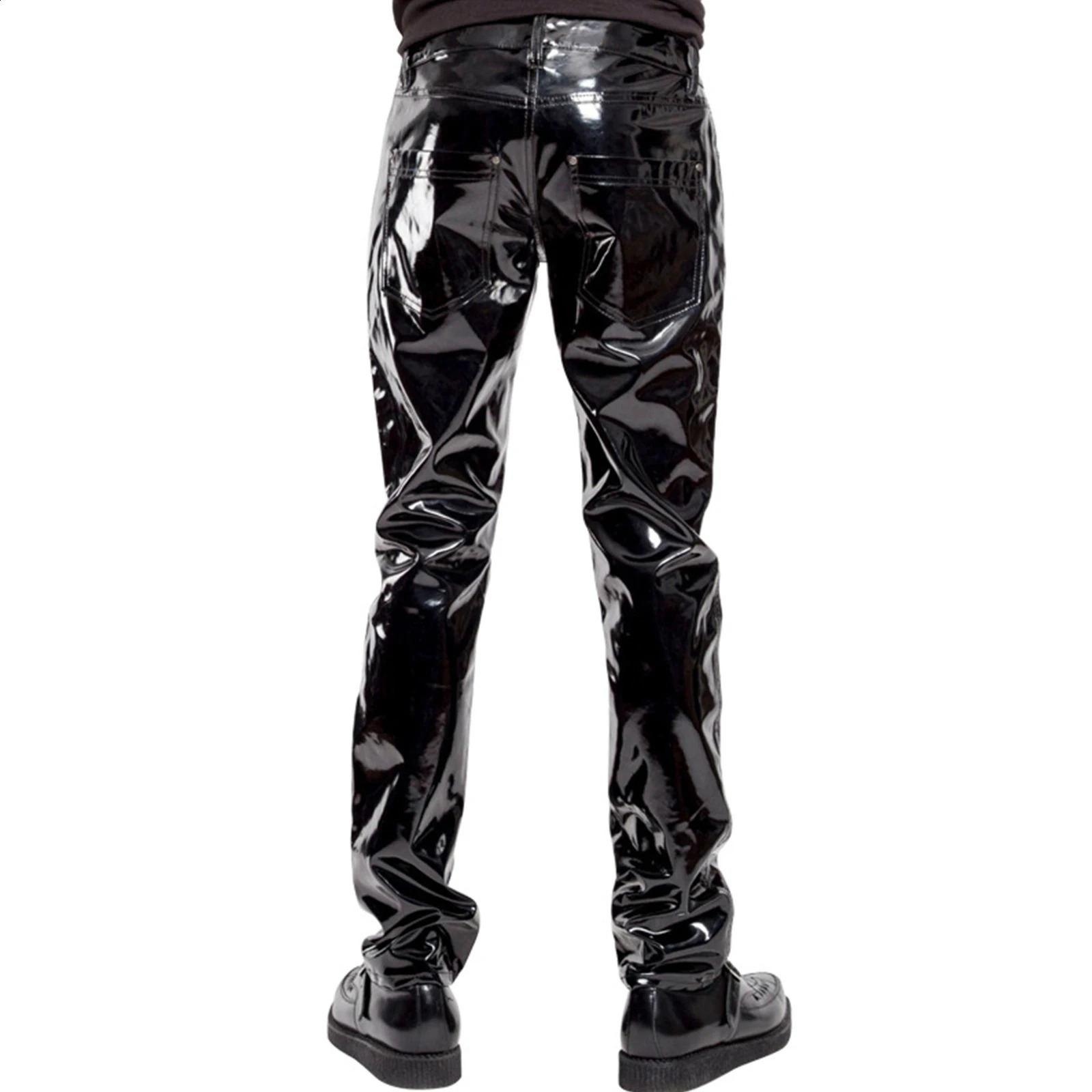 Male Black Patent Leather Motorcyle Biker Pants Glossy Mid Waist Straight Trousers Leather Pant Men Wet Look Rave Party Clubwear 240715