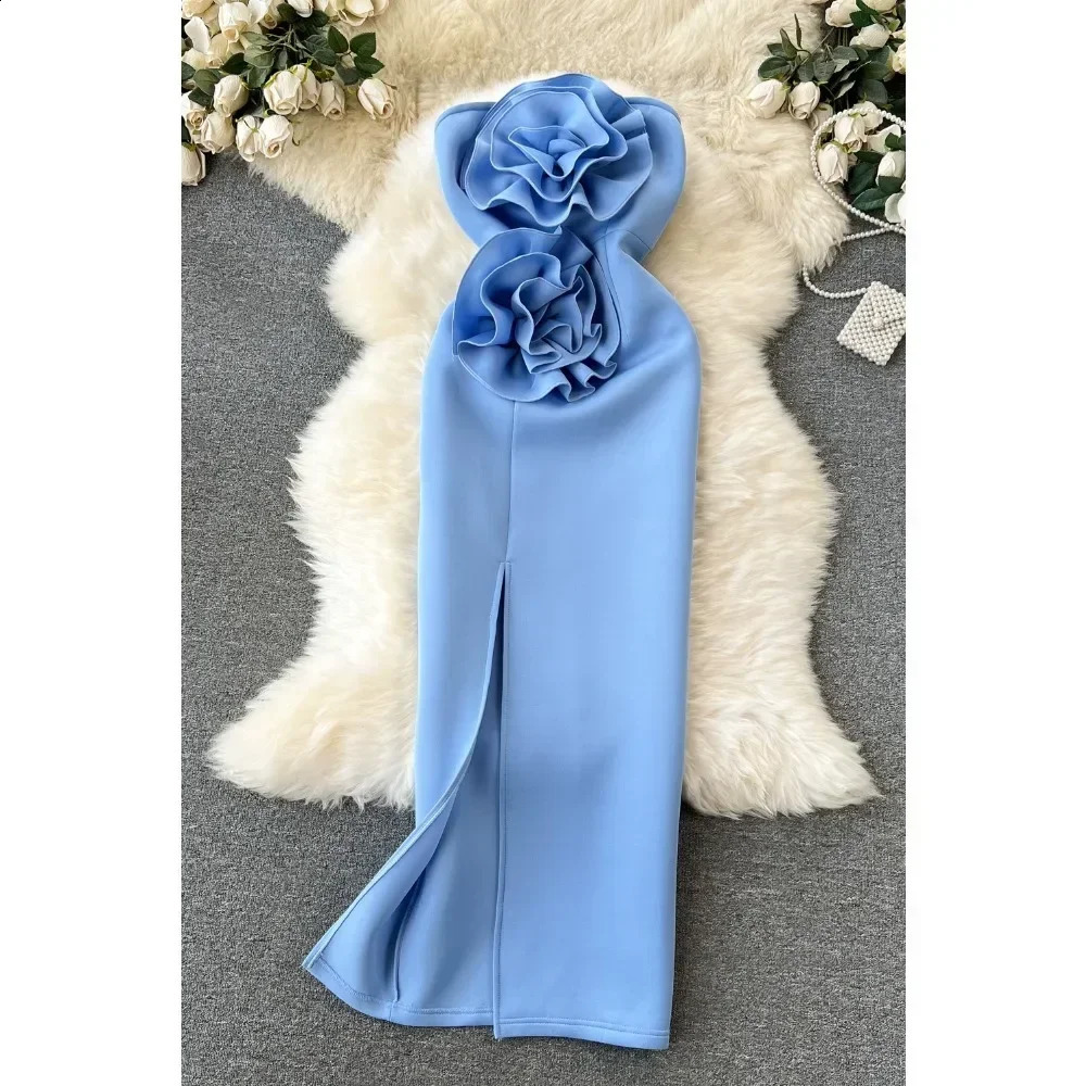 3D Flowers Strapless Formal Occasion Dresses for Women Slash Neck Skinny Hip Wrap Dress American Chic Female Vestidos Dropship 240814