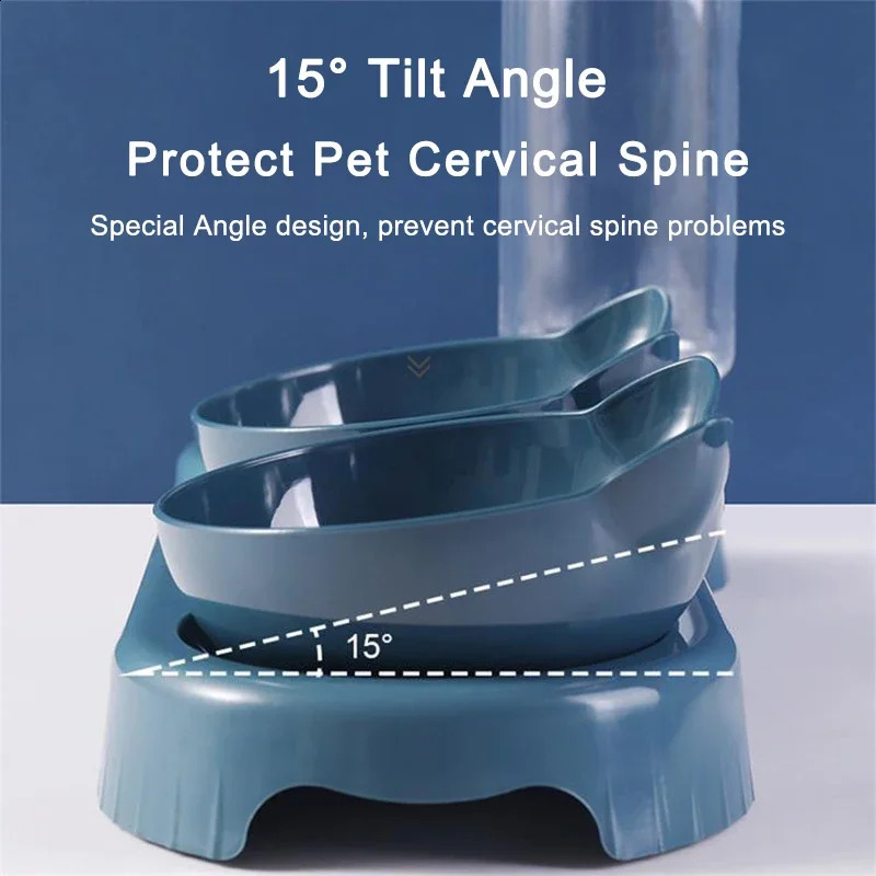 Pet Automatic Water Dispenser Dog Cat Food Feeder With Drinking Raised Stand Double Dish Anti-knockover Bowl