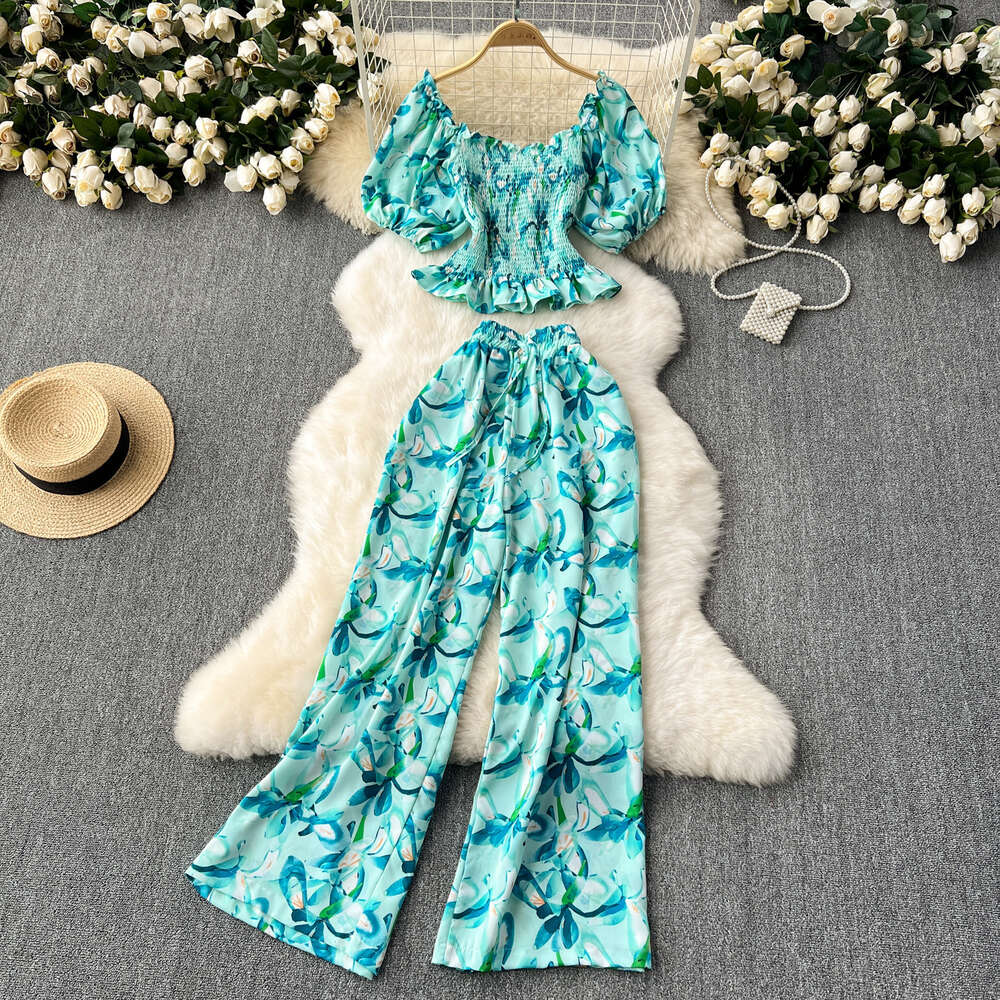 Age Reducing for Women in the Summer of 2024, New Western-style Waistband Bubble Sleeve Top, Loose Wide Leg Pants, Vacation Two-piece Set Bifurcated B