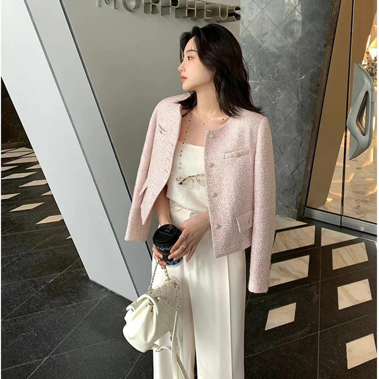Small Fragrance Tweed Jacket for Women Spring and Autumn Chic Elegant Cropped O-neck Outerwear Pink Casual Loose Blazer Coat 240723