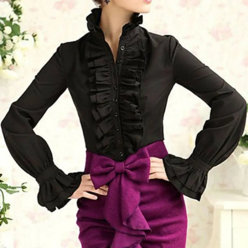 Fashion Victorian Blouses Women OL Office Ladies White Shirt High Neck Frill Ruffle Cuffs Shirts Female Blouse 240723