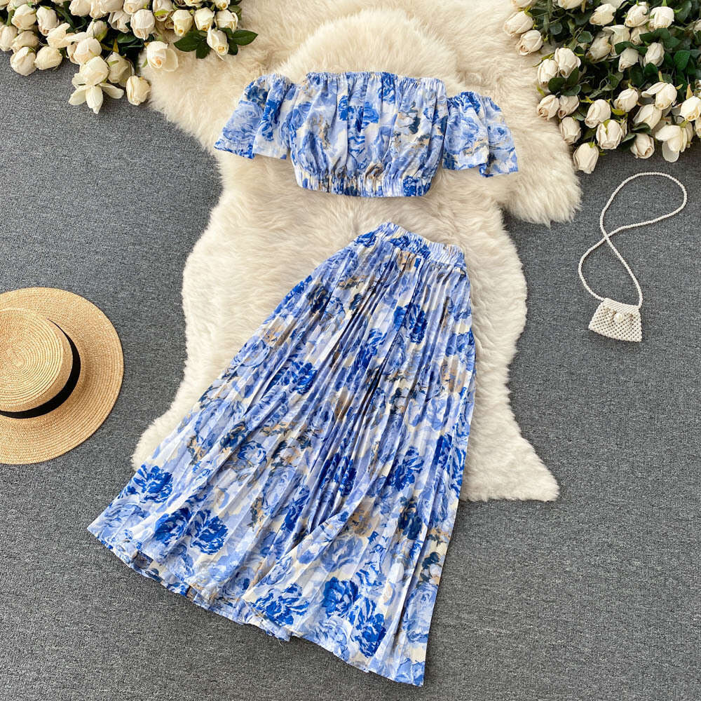 Vacation Style Set, Womens Design Sense, One Shoulder Short Sleeved Strapless Top, Pleated Skirt, Two-piece Set Sexy Lace Dress Pregnant Womens Dress