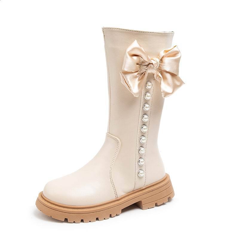 Girls cotton boots childrens fashion princess bow pearl 2023 autumn and winter new item childrens plush warm high tube 221128
