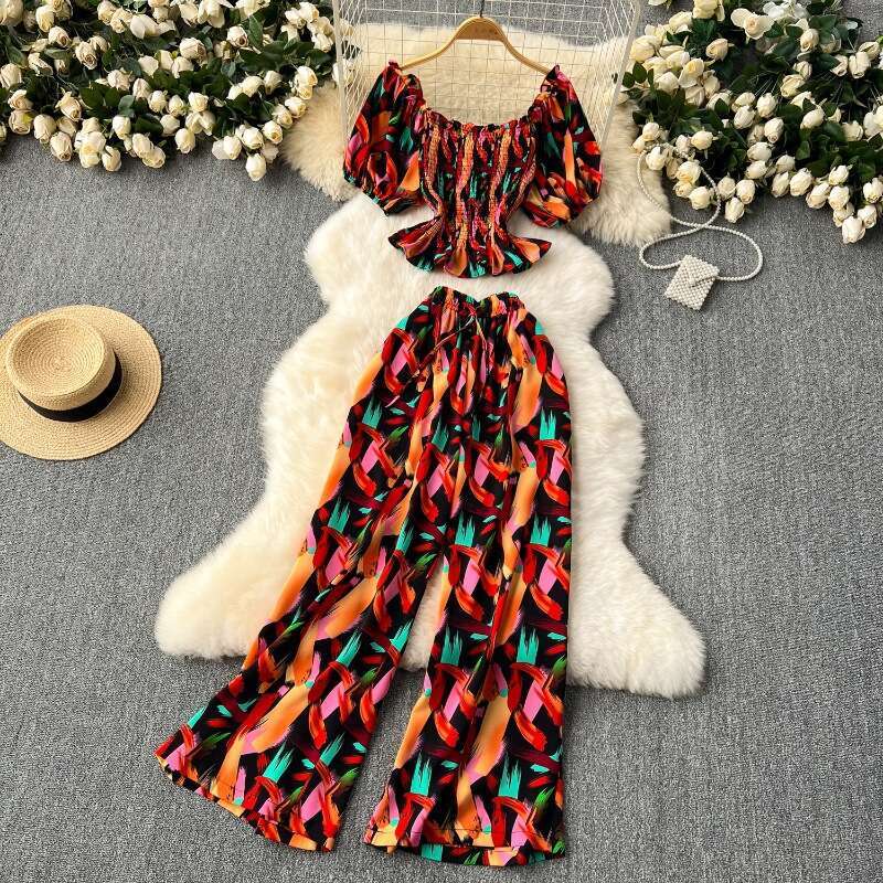 Age Reducing for Women in the Summer of 2024, New Western-style Waistband Bubble Sleeve Top, Loose Wide Leg Pants, Vacation Two-piece Set Bifurcated B
