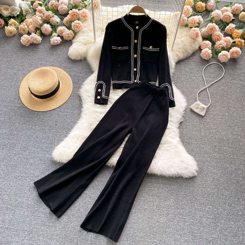 Light Mature Style Knitted Suit for Women in Autumn, New Design Sense, Single Breasted Cardigan, High Waist, Slim and Wide Leg Pants, Two-piece Set De