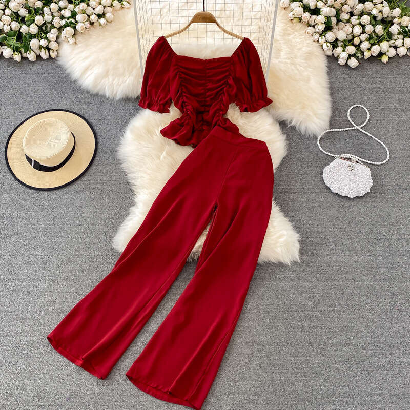 Fashionable Suit Womens Casual Pants with High Waist and Wide Leg, Two Piece Set of Square Neck Short Slim Fit Shirt Loose Novelty Round Neck Dress