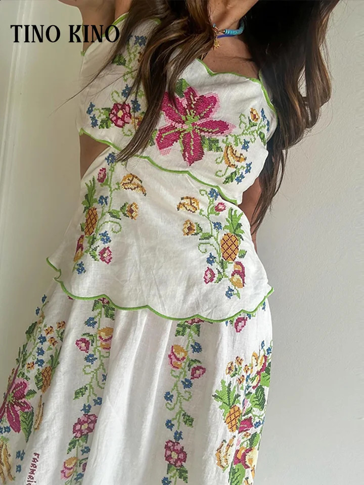 Chic Printed Hollow Out Long Dress Women Ruffles Lace Up Sleeveless Backless Sling Dresses 2024 Summer Chic Lady Holiday Robe 240723