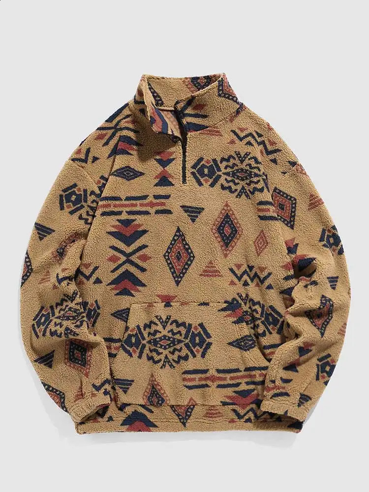 Hoodie for Men Fuzzy Faux Sherpa Zipper Sweatshirts Ethnic Print Fluffy Streetwear Pullover Fall Winter Turtleneck Hoodies y240822