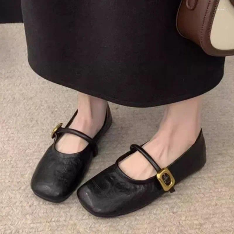 Casual Shoes Women's Mary Janes Designer Buckle Strap Flats Squre Toe Leather Soft Female Black atos Mujer 1828N