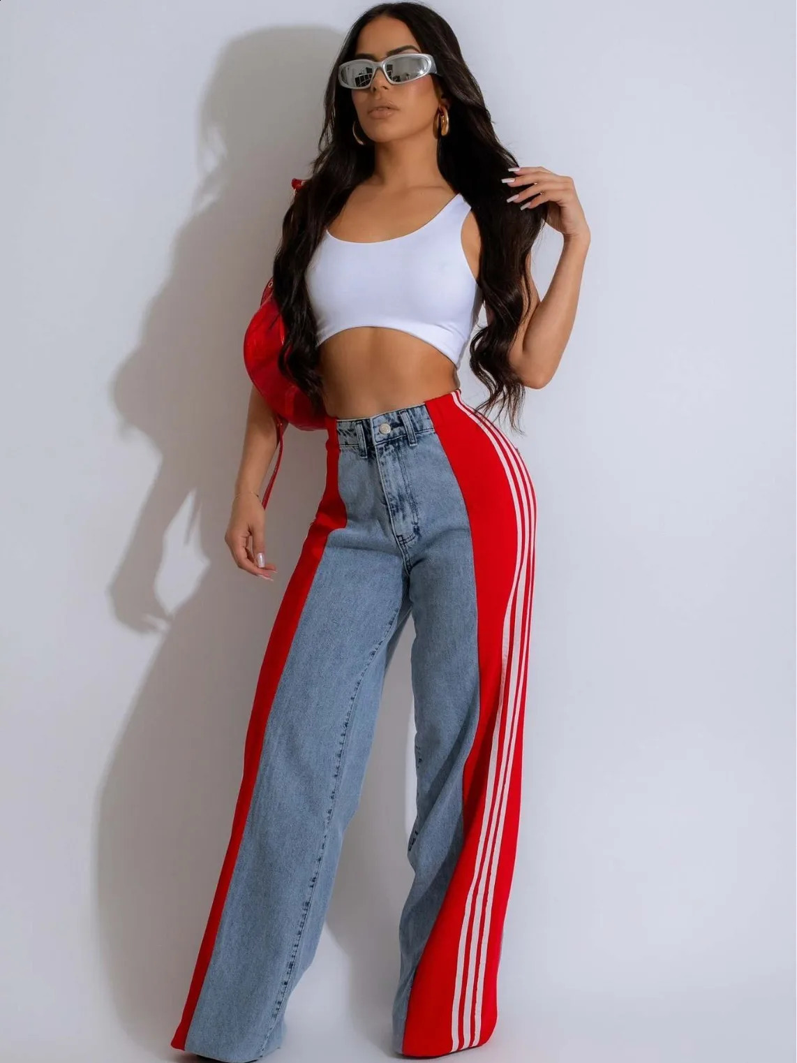 Vintage Streetwear Baggy Jeans Woman High Waist Stripe Splicing Straight Loose Wide Leg Denim Trousers Boyfriend Cargo Pants y2k 240806