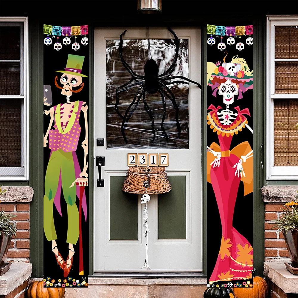 Mexican Day Of The Dead Party Porch Sign Halloween Hanging Door Curtain Banner Hanging Porch Sign Home Welcome Signs Party Decor 240724