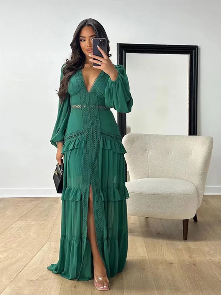 Elegant Hollow Lace Patchwork Ruffle Long Dress For Women Deep V-neck Lantern Sleeves Slim Maxi Dresses Evening Party Robes 240723