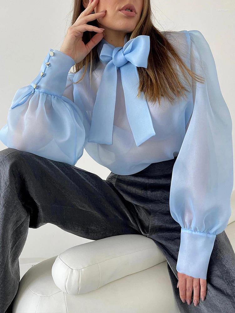 Women's Blouses See Through Blouse Women Sexy Fashion Lace Up Shirts Female Elegant Transparent Bow Tops Ladies Chic Sleeve Party