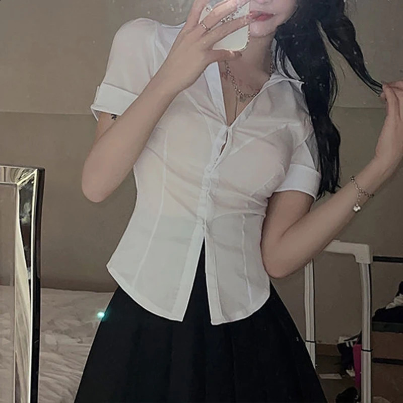 Xpqbb White Shirts for Women Korean Style Slim Fit Short Sleeve Cropped Blouse Ladies Preppy Student Turndown Collar Shirt 240723