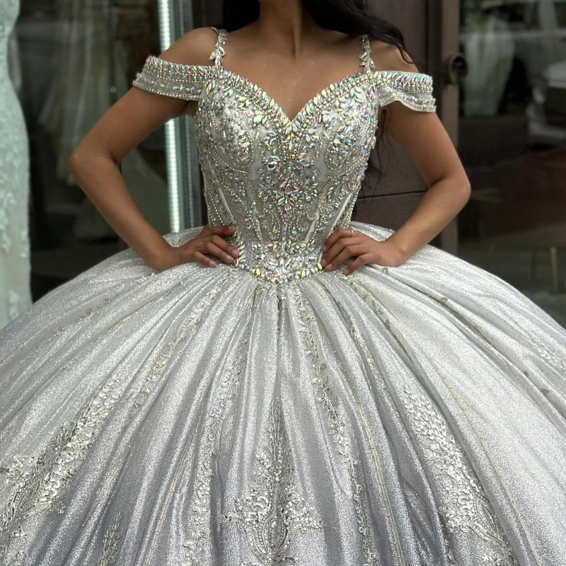 Siery Sequin Quinceanera Dress Ball Gown Off The Shoulder Applique Lace Beads Crystal Party Dresses Ruffel vestidos de quinceaneras