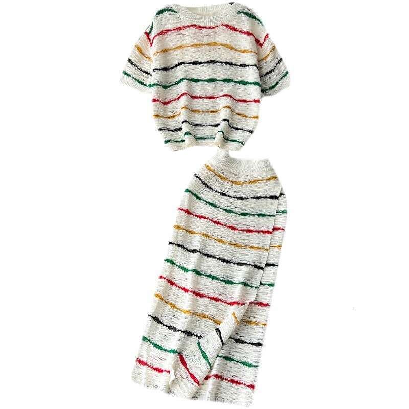 Korean Chic Striped Contrasting Suit for Women with Loose Round Neck Short Sleeved Knitted Top, High Waisted and Buttocks Wrapped Skirt Bifurcated Sil
