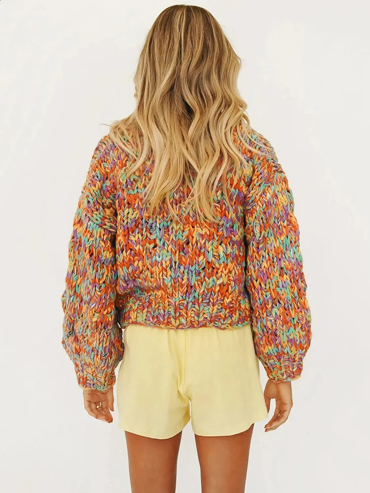 Coarse Wool Knit Cardigan Round Neck Multi-Color Rainbow Sweater For Women Needle Hand Made High Quality C-197 240724