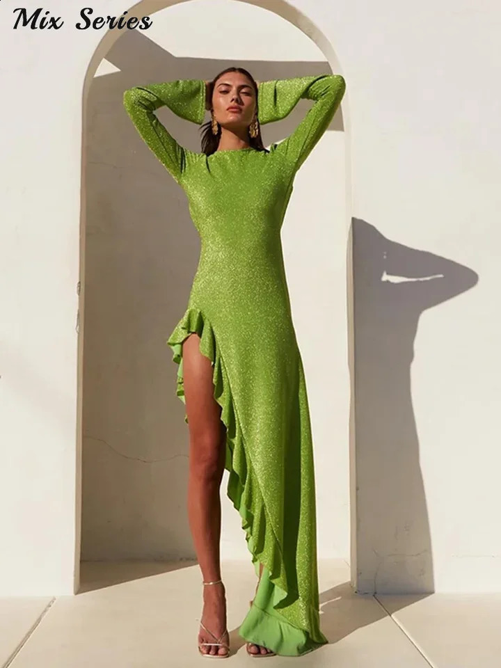 Sexy Ruffles Backless Irregular Long Dress Women Shiny Flare Sleeve Oneck Dresses Summer Lady Party Bodycon Robes 240712