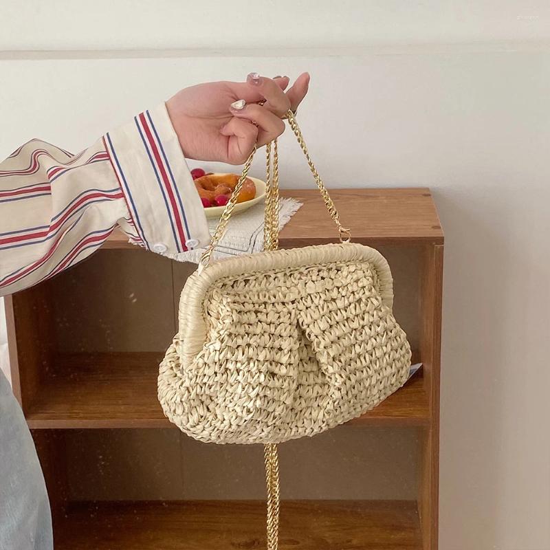 2025 NEW Bag Women Straw Crossbody Large Capacity Clutch Purse Solid Color Cloud Dumpg Pouch Chain Strap For Summer Vacation zhanyishengli