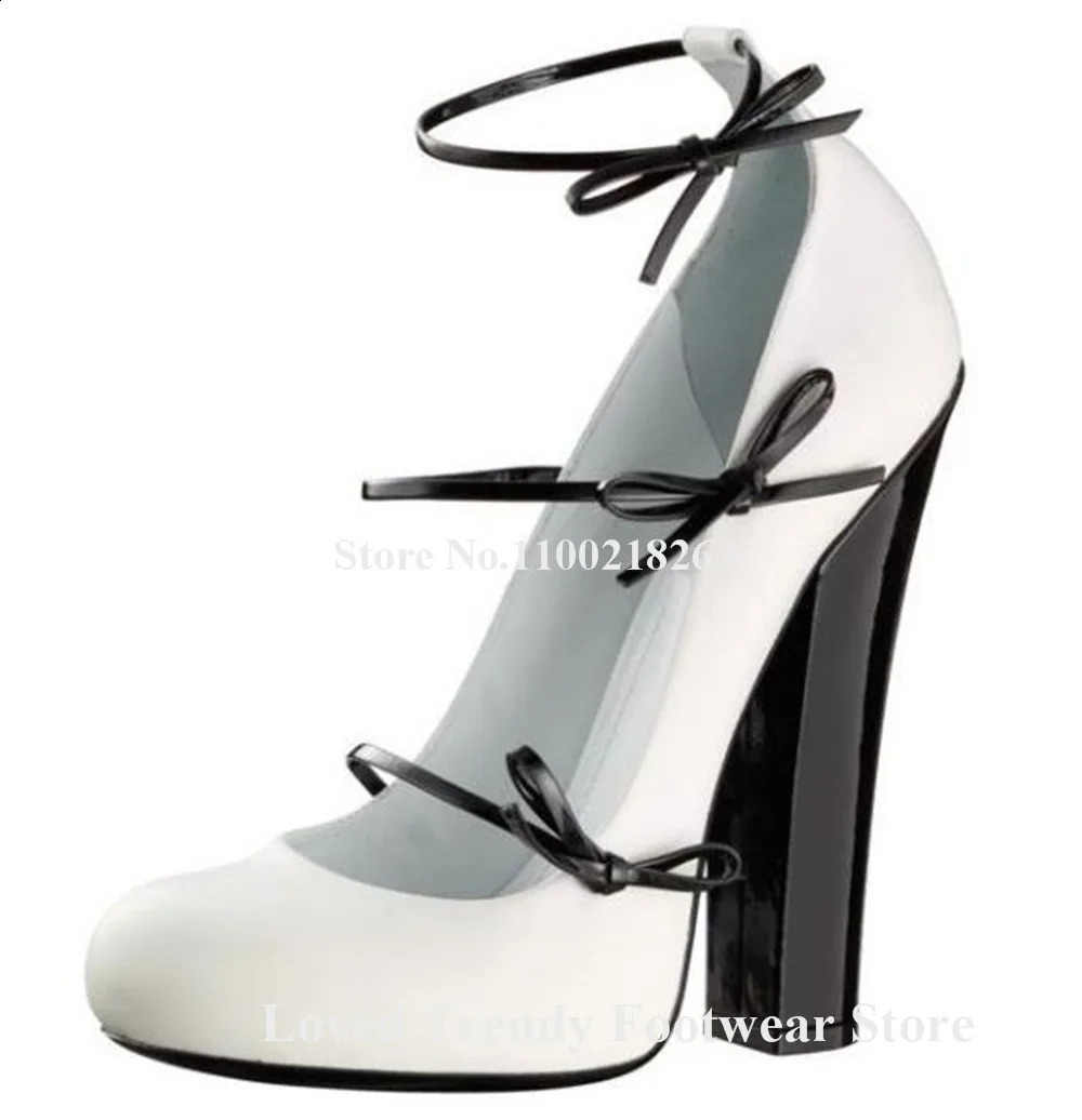 Elegant Straps Bowtie Chunky Heel Pumps Round Toe Black White Patent Leather Patchwork Thick Heel Party Heels Wedding Shoes 240708