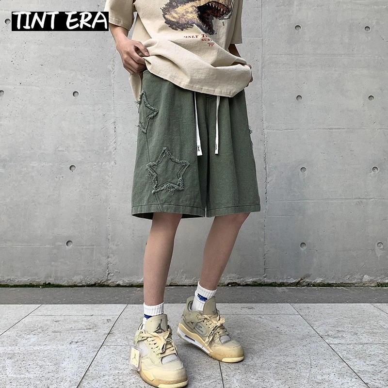 TINT ERA Y2K Mens Streetwear Breeches Star Korean Harajuku Pocket Denim Hip Hop Cargo Short Pants Grunge Bermudas Jeans Shorts 240717