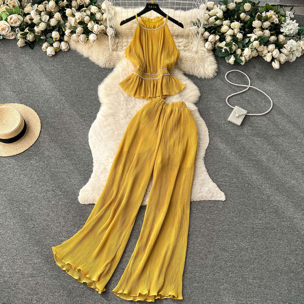 Light Luxury and Socialite Style Fashion Set, Womens Pleated Diamond Hanging Neck Vest+casual High Waisted Wide Leg Long Pants Novelty Pregnant Womens