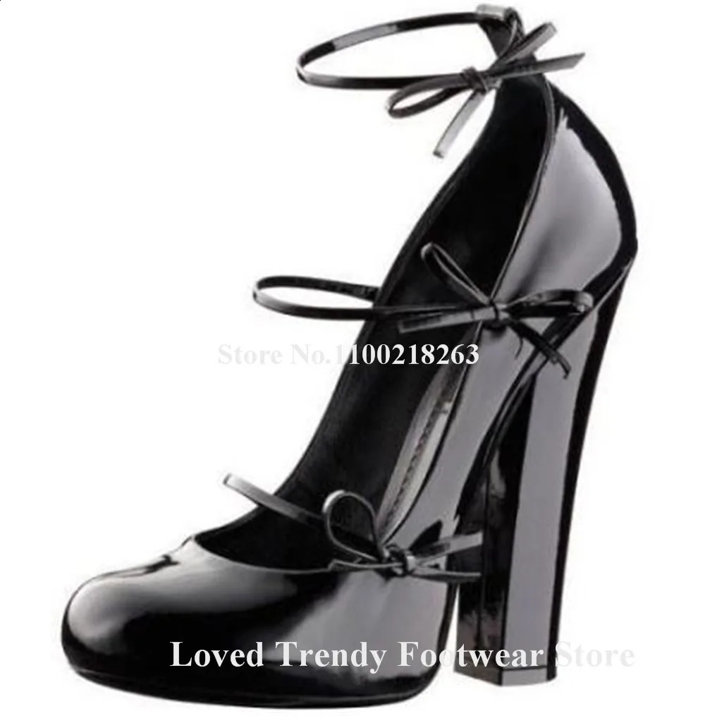 Elegant Straps Bowtie Chunky Heel Pumps Round Toe Black White Patent Leather Patchwork Thick Heel Party Heels Wedding Shoes 240708