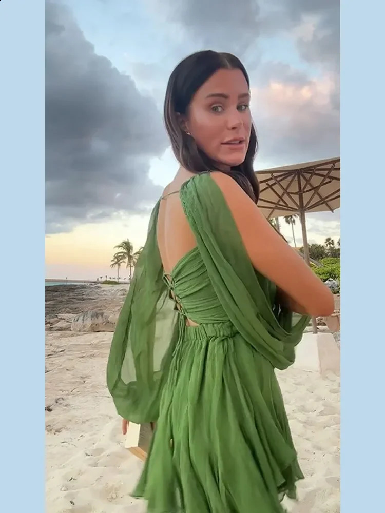 Sexy Green Pleated Mini Dress For Women Elegant V-neck Split Long Sleeve A-line Dresses Summer Lady Solid Backless Lace Up Robes 240724