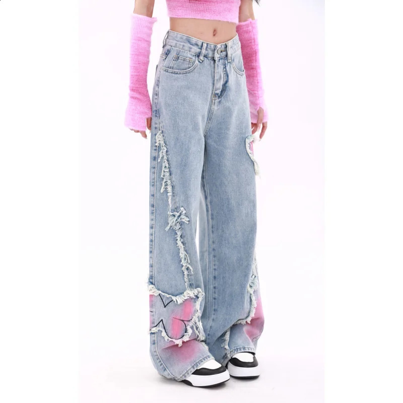 Blue Womens Jeans Butterfly High Waist Straight Baggy Denim Pants American Korean Fashion Y2K Female Wide Leg Denim Trouser 240806