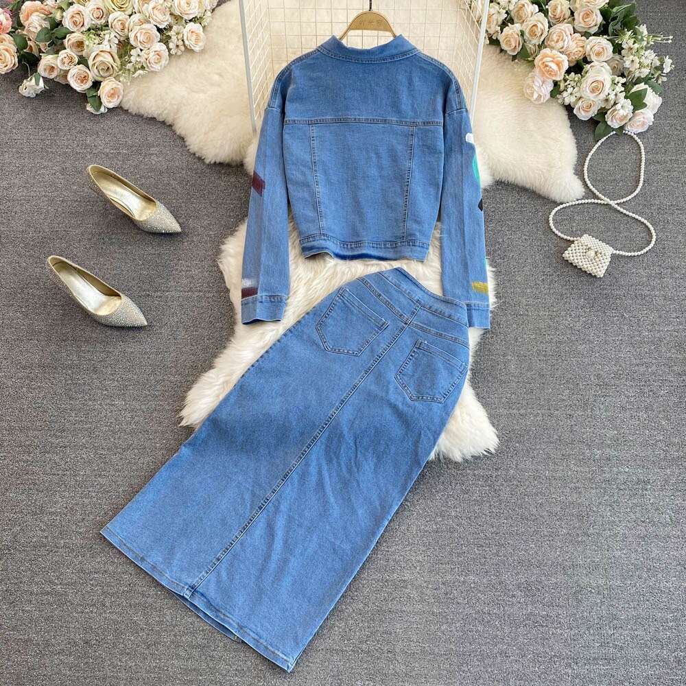Fashion Womens Hong Kong Style Temperament Graffiti Denim Two-piece Set High Waisted A-line Split Skirt Autumn Self-cultivation Short Waist Round Neck