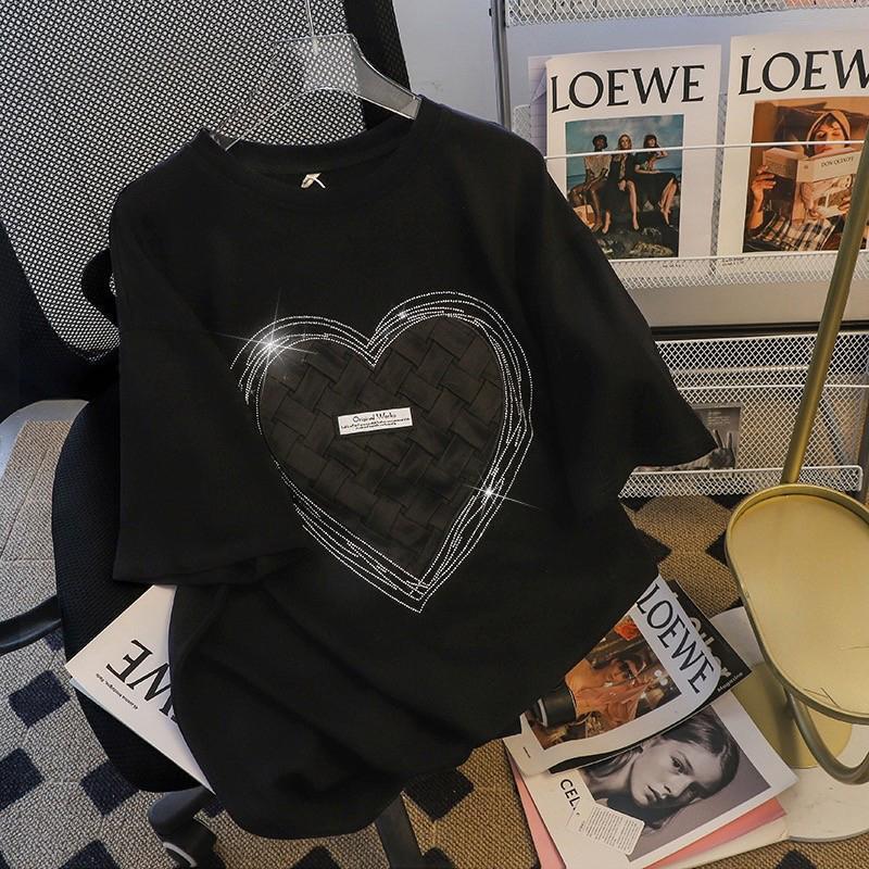 2024 New Summer Loose Size 200kg Heavy Industry Love Hot Diamond Cotton Round Neck Short Sleeve T-shirt Women's Trend