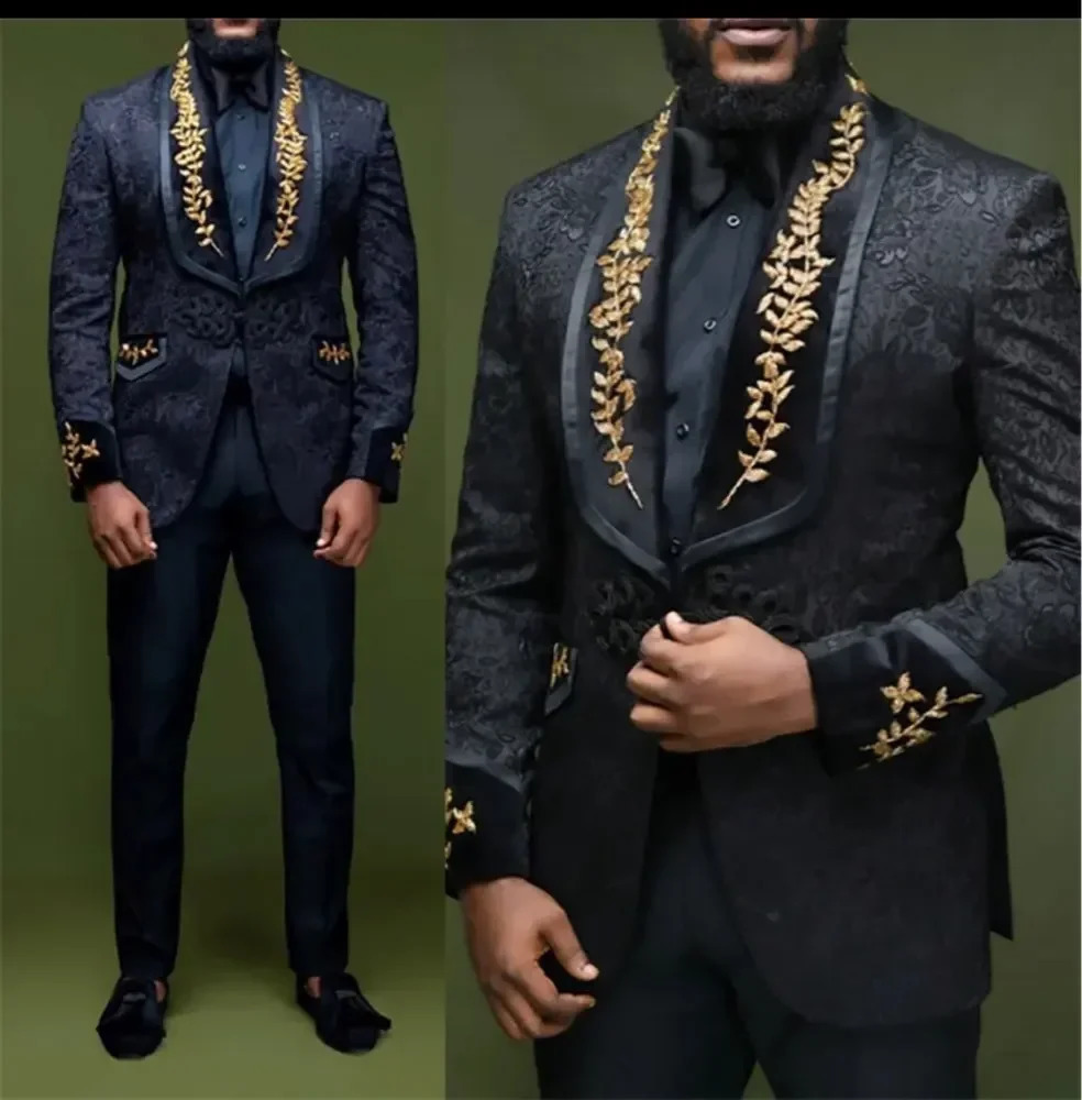 Black Floral Men Suits with Buttons Shawl Lapel Jacket with Pants 2 Piece Groom Tuxedo Blazer Trousers 240723