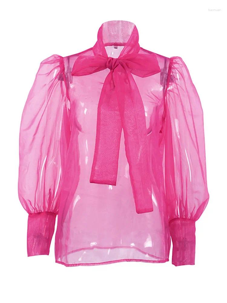Women's Blouses See Through Blouse Women Sexy Fashion Lace Up Shirts Female Elegant Transparent Bow Tops Ladies Chic Sleeve Party