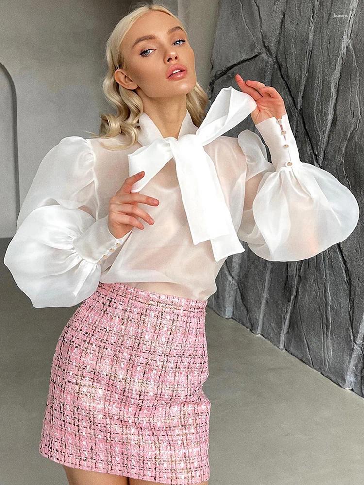 Women's Blouses See Through Blouse Women Sexy Fashion Lace Up Shirts Female Elegant Transparent Bow Tops Ladies Chic Sleeve Party
