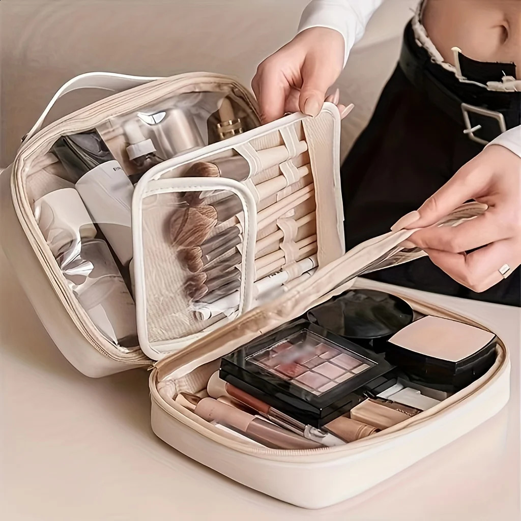 3 1pc Travel - PU Leather Double Layer Make Up Clear Bag With Zipper Large Makeup Bags For Women Cosmetic 240724 4