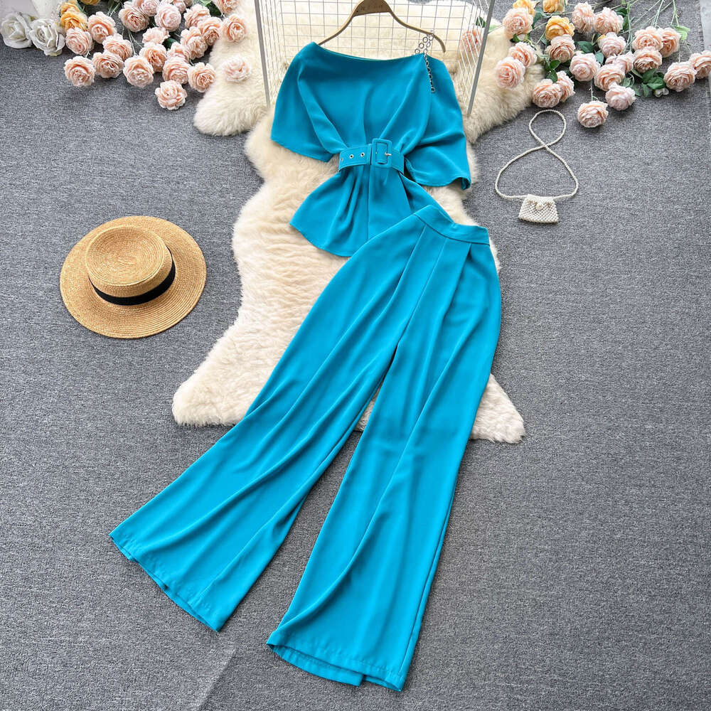 Light Mature Style Royal Sister Womens Summer 2023 New One Off Shoulder Top Versatile Wide Leg Pants Two Piece Set Trendy Novelty Short Waist Round Ne
