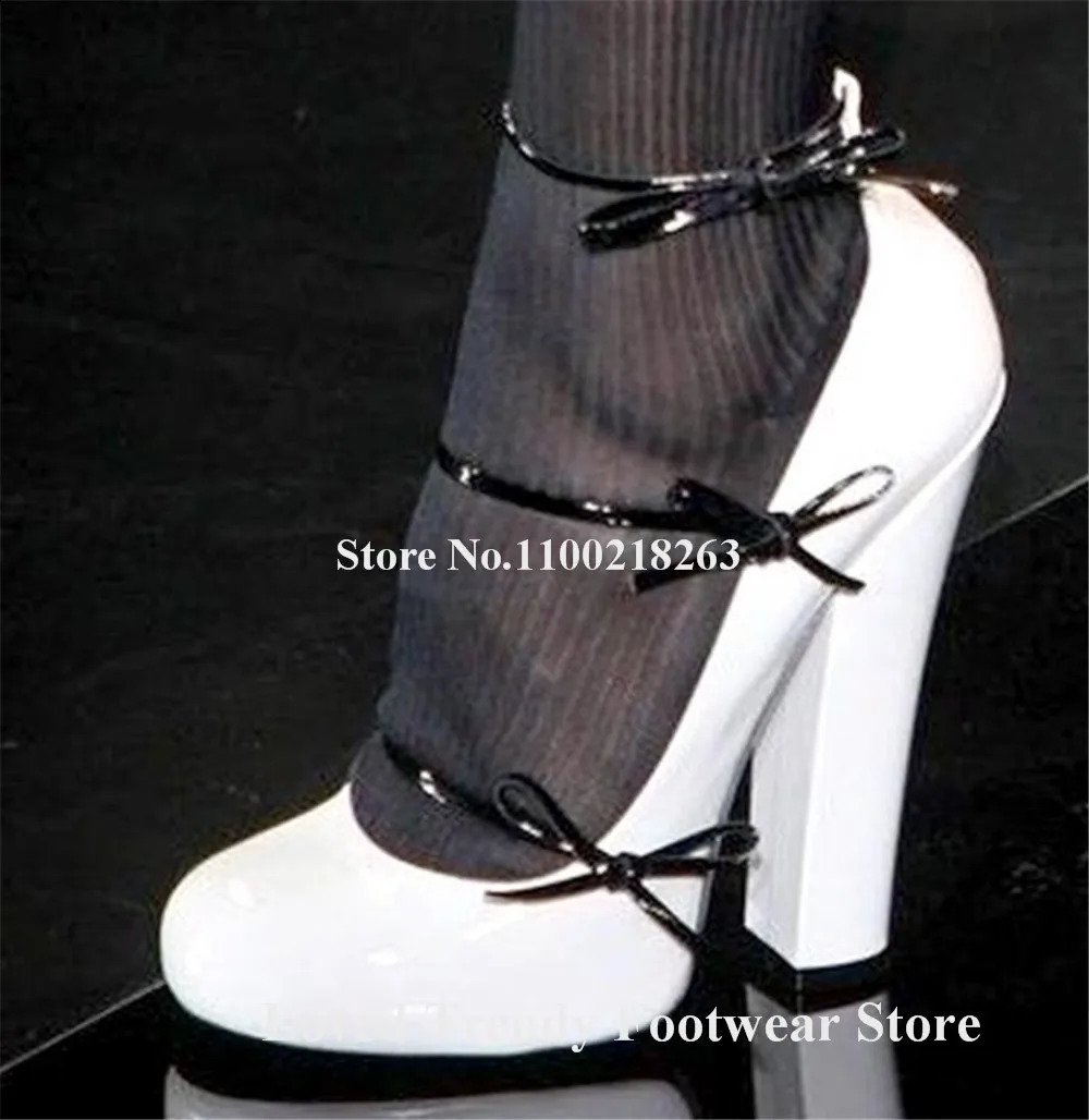 Elegant Straps Bowtie Chunky Heel Pumps Round Toe Black White Patent Leather Patchwork Thick Heel Party Heels Wedding Shoes 240708