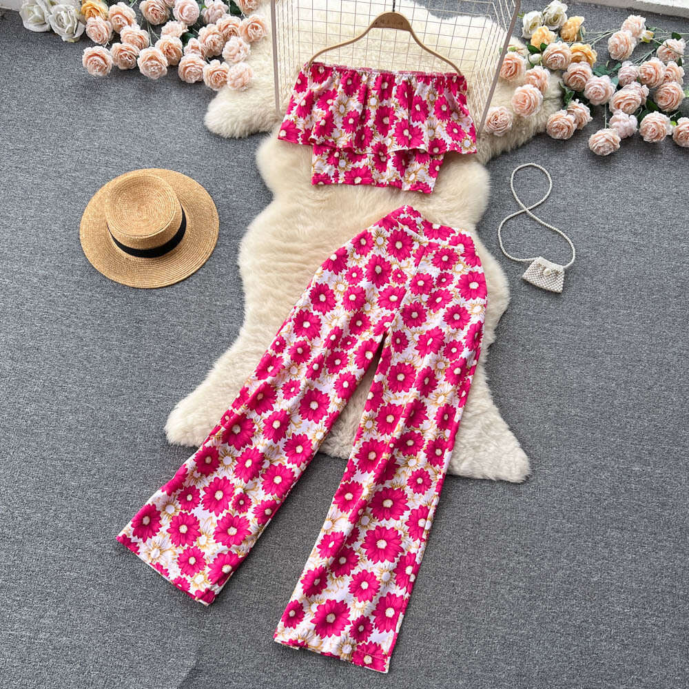 and Slim Set Womens Summer Sweetheart One Line Neck Top Versatile High Waist Wide Leg Pants Printed Two Pieces Waist Loose Bifurcated Oversize Dress