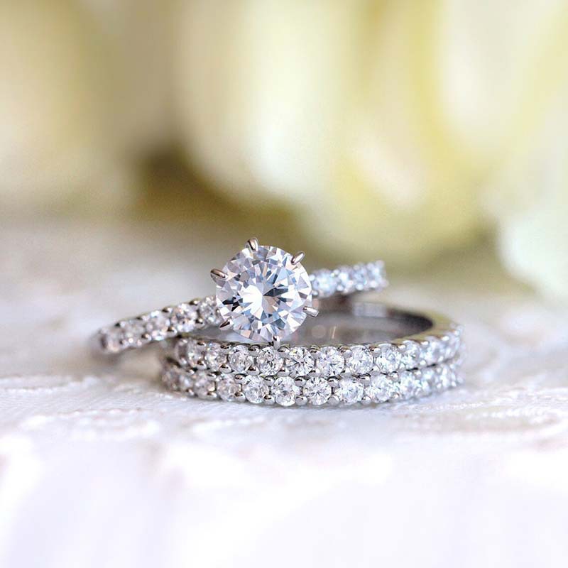 Sterling Engagement Round Cut Bridal Set - Sier Simulated Dia CZ, White Topaz Wedding Rings, 3PCS Eternity Ring for Women Free shipping