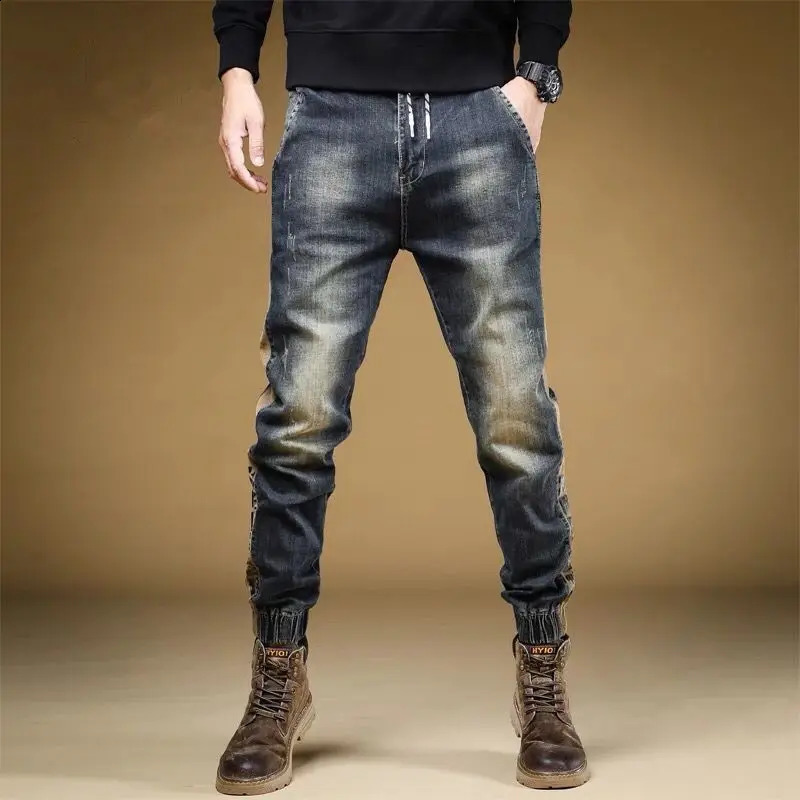 Trousers with Print Stretch Male Cowboy Pants Elastic Cargo Jeans for Men Korean Autumn Aesthetic Regular Winter Trend Y2k 240717