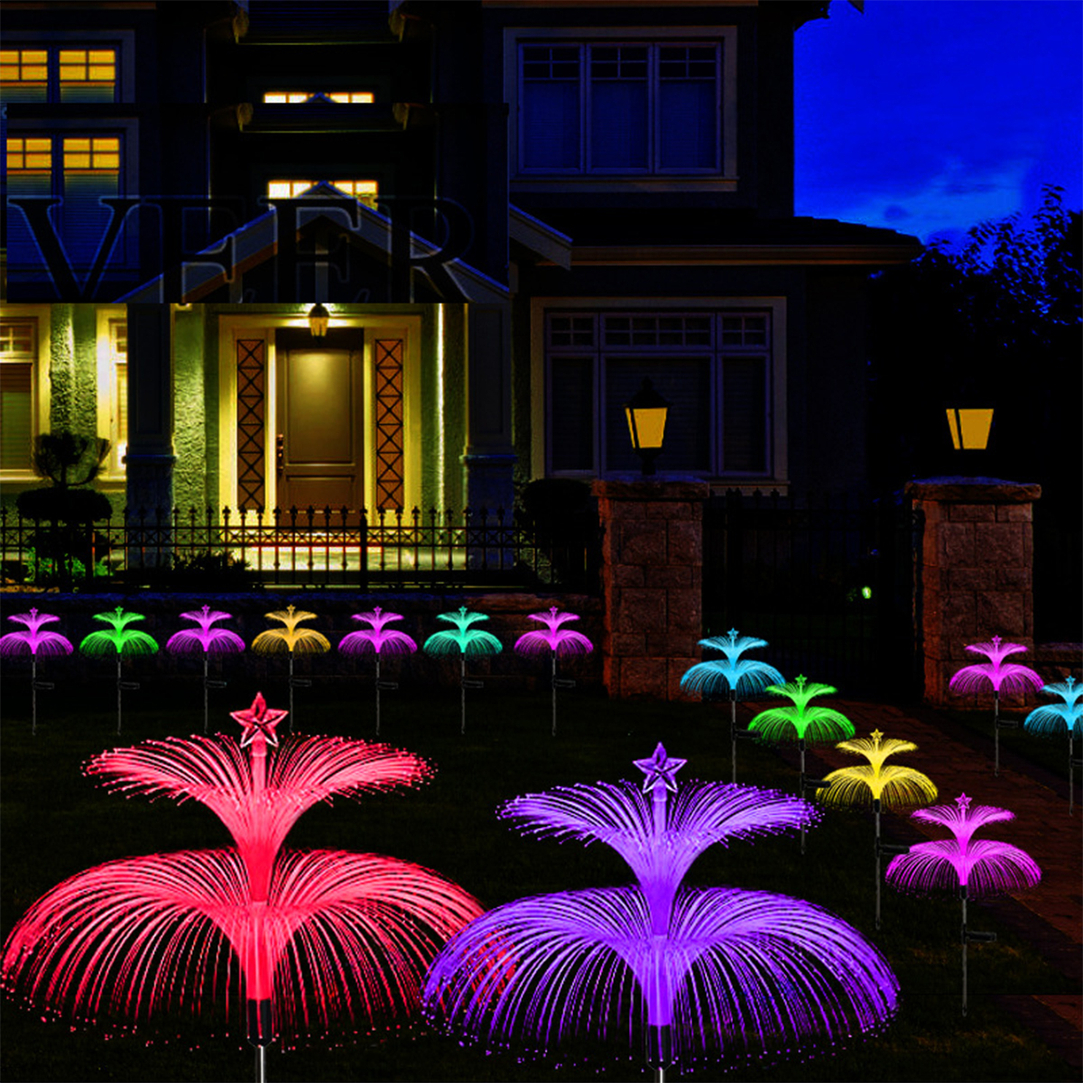 Solar double-layer jellyfish fiber optic holiday courtyard decoration landscape light pentagram rainbow transparent tube ground plug light
