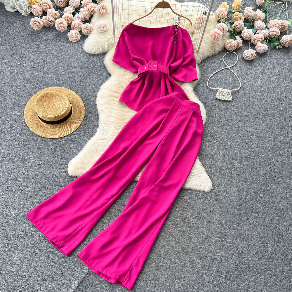 Light Mature Style Royal Sister Womens Summer 2023 New One Off Shoulder Top Versatile Wide Leg Pants Two Piece Set Trendy Novelty Short Waist Round Ne
