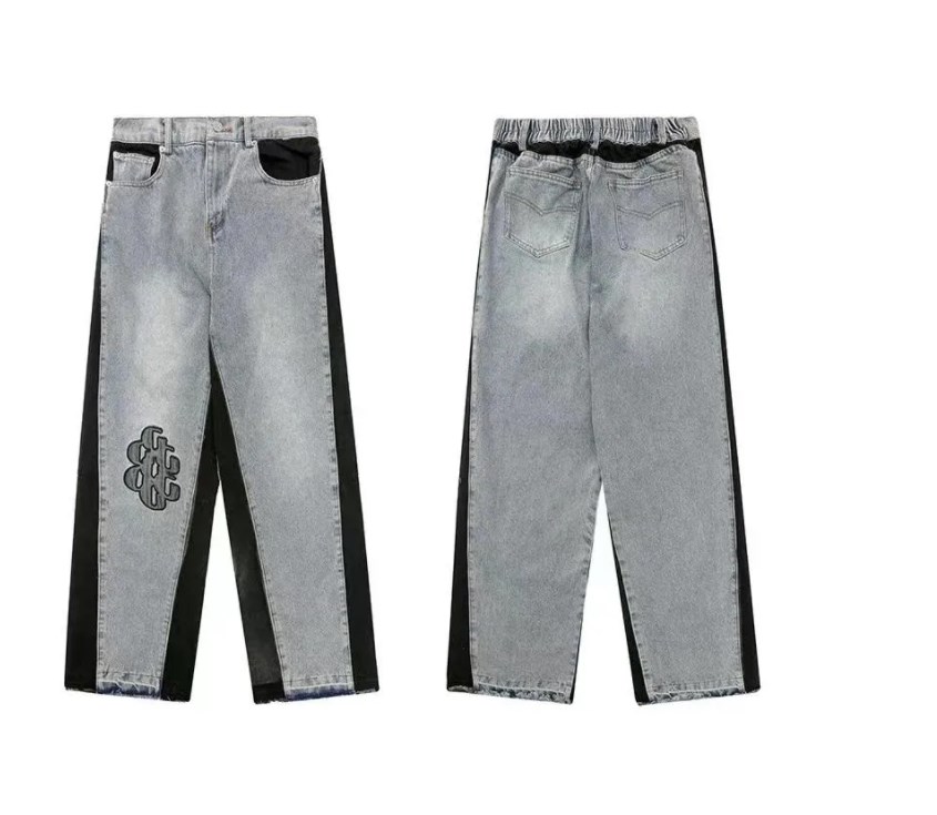 Designer Men's Jeans Gd American Retro Washed Letter Spliced Denim Trousers High Street Trendy Brand Couple Loose Straight Micro-Flared Long B5