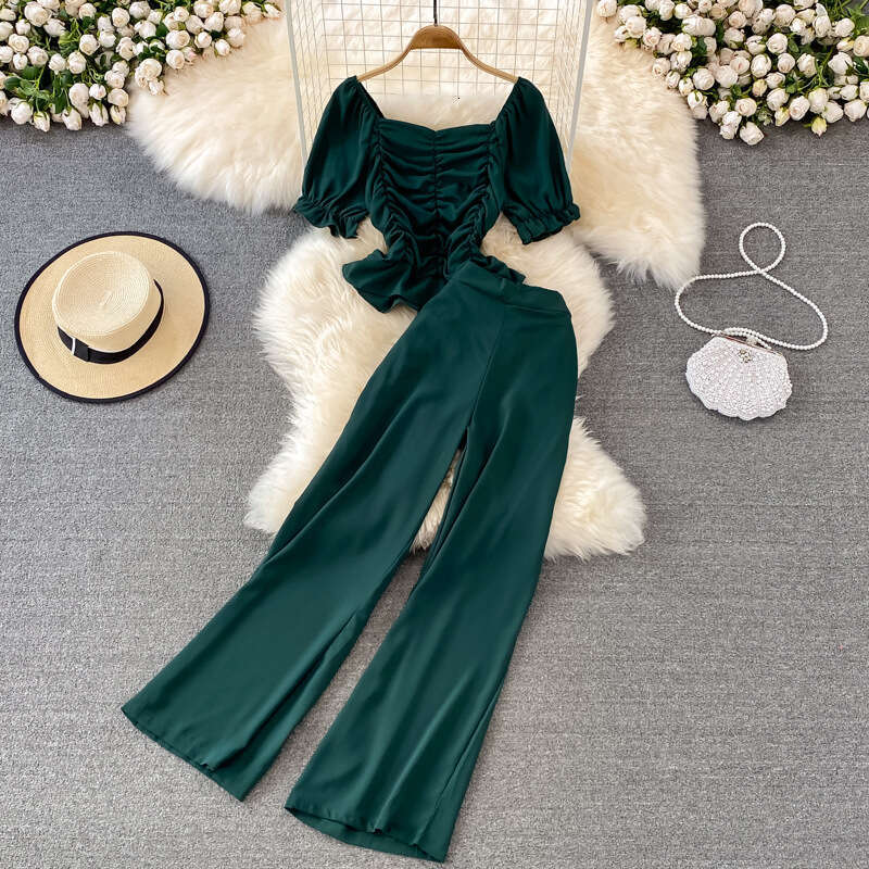 Fashionable Suit Womens Casual Pants with High Waist and Wide Leg, Two Piece Set of Square Neck Short Slim Fit Shirt Loose Novelty Round Neck Dress