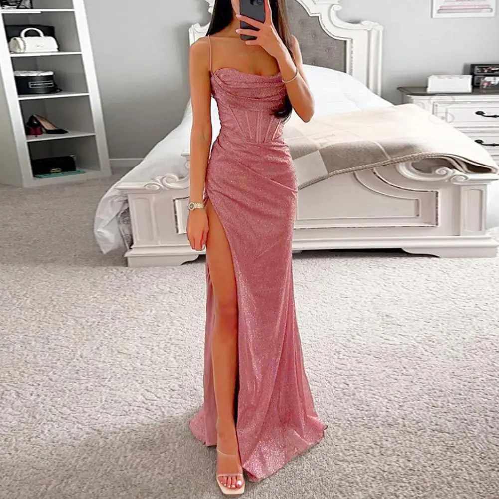 Woman Spring Summer Bodycon Dress Sexy Shiny Sequins Spaghetti Strap Split High Waist Dress Lady Prom Dress Evening Dresses 240723