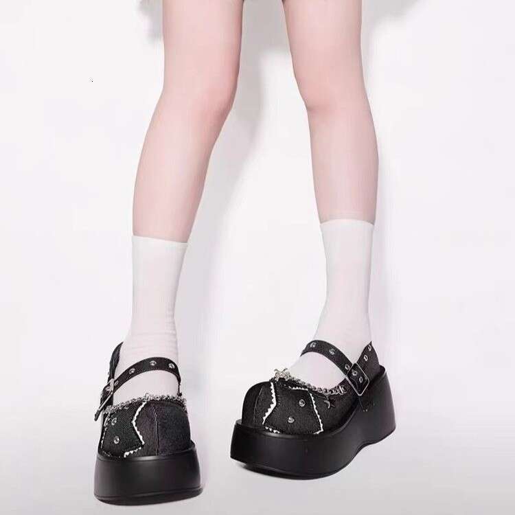 2024 Denim Thick Bottom Single Shoe with One Button Round Head Punk Subculture Sponge Cake Casual Height Boosting Shoes